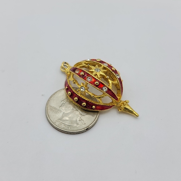 Aai Rhinestone Red Enamel Gold tone Christmas Bauble Ornament Pendant Vintage - Picture 9 of 10